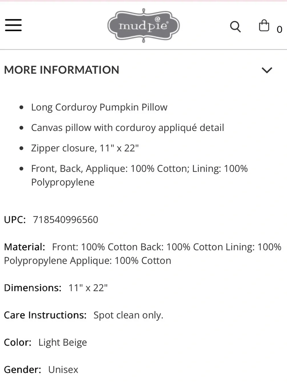 Mudpie long corduroy Autumn Pumpkin Embroidered Lumbar Pillow - Cream